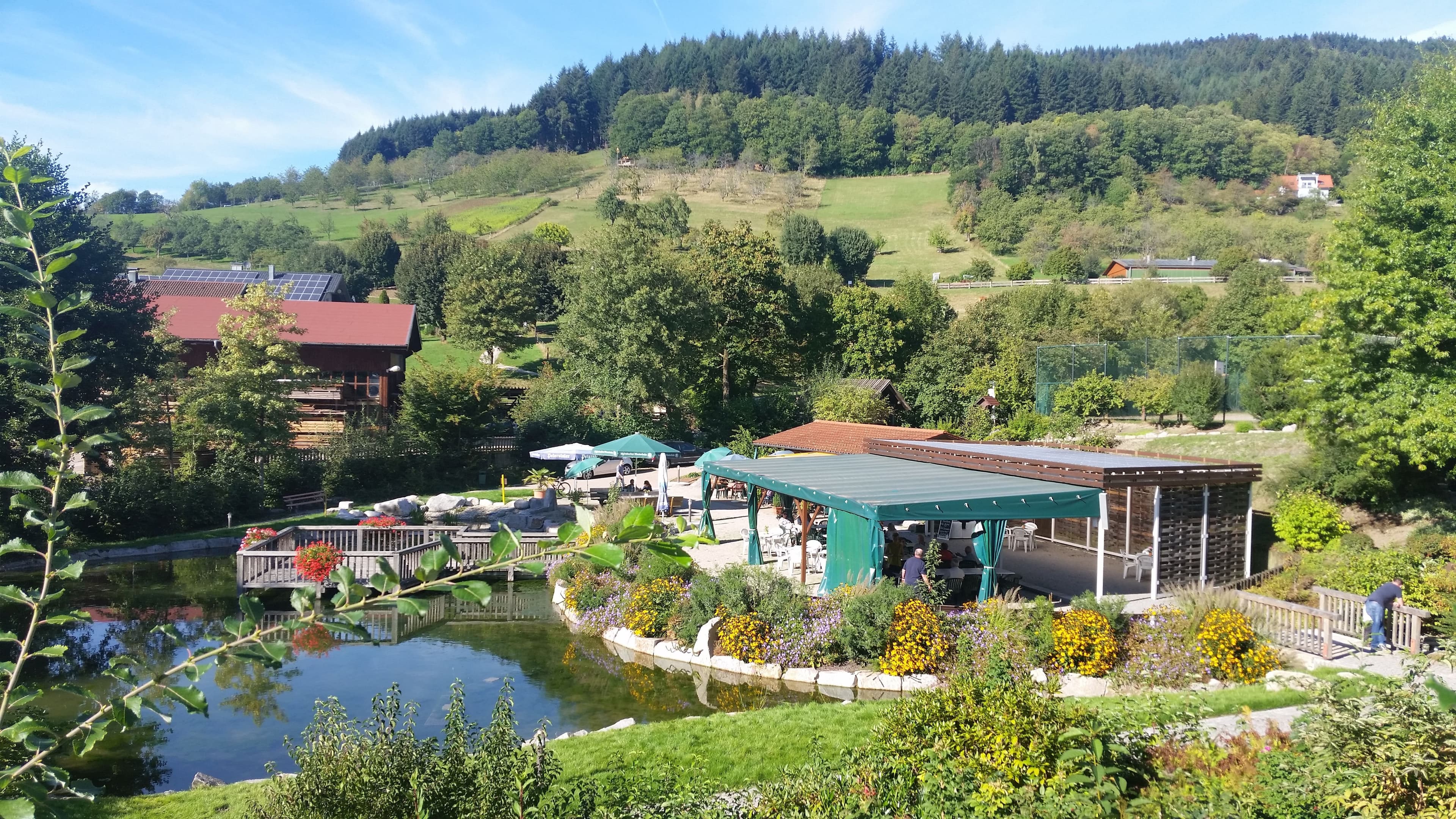 Blick in den Seebacher Kurpark mit Forellenteich, überdachtem Pavillon und Kiosk mit Bewirtung.