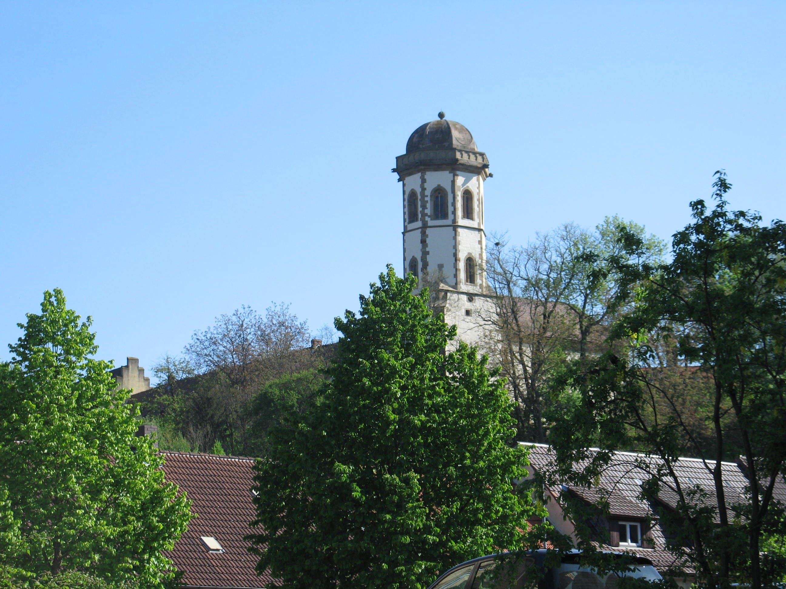 Markanter Turm aus hellem Naturstein mit steinerner Rundkuppel hinter Bäumen