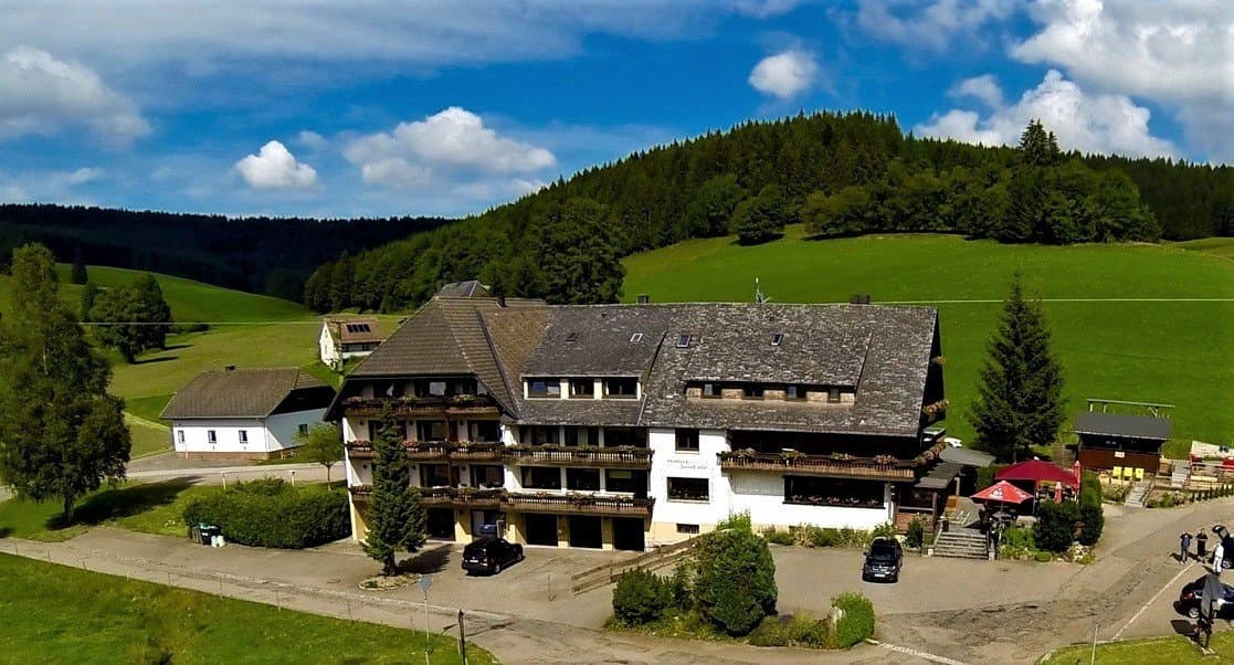 Gasthof mit Balkonen, Sonnenterrasse Wiesen und Wäldern
