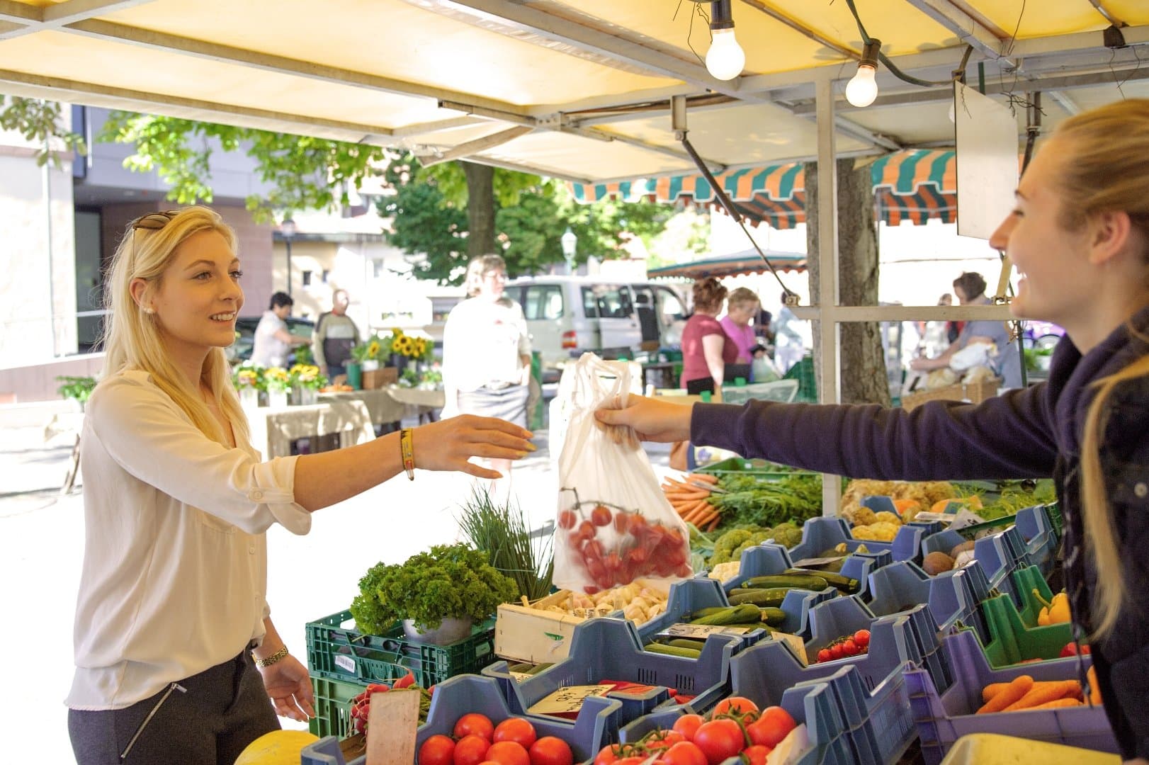 Eine Frau kauft an einem Marktstand frischer, regionale Produkte ein