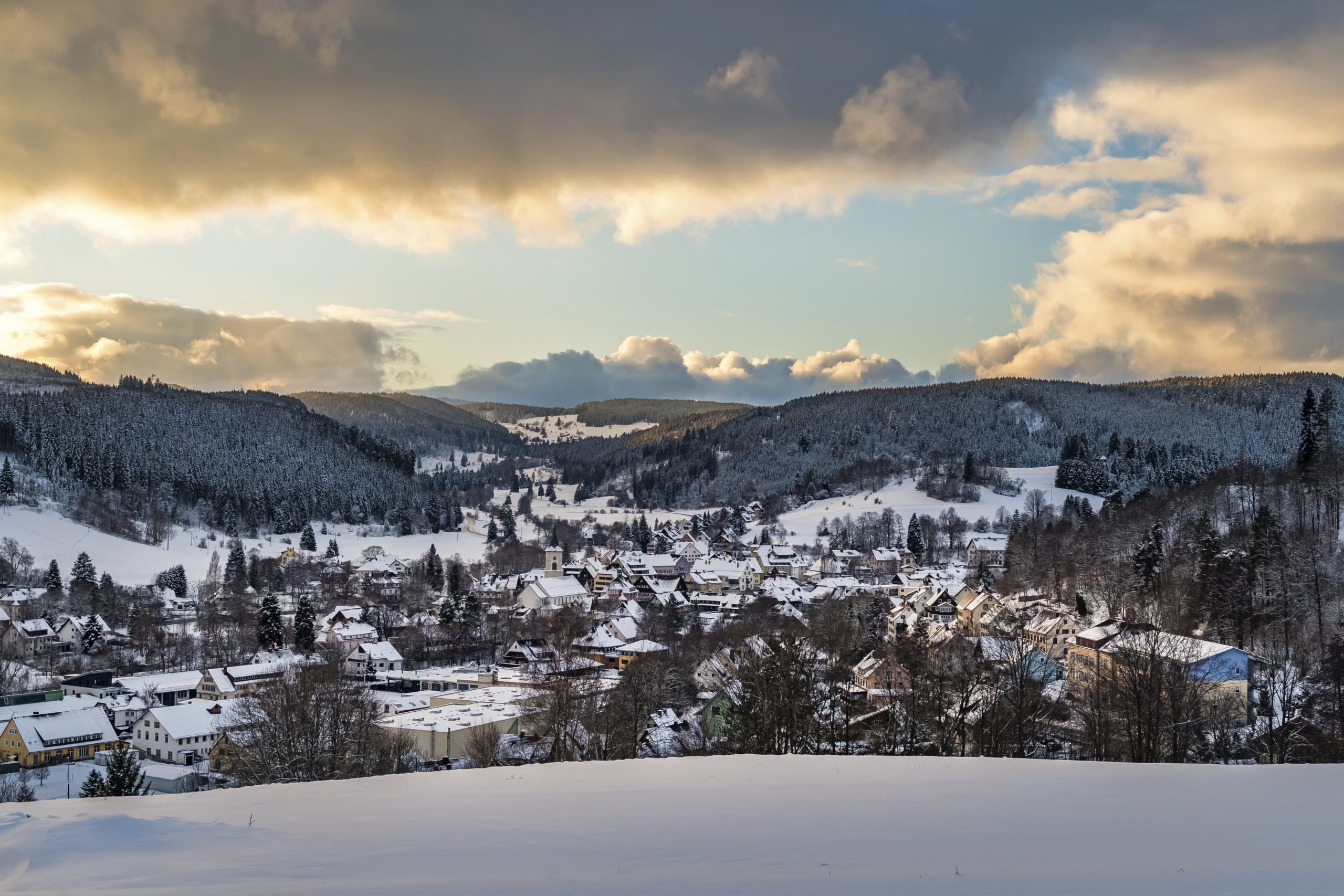 Ein verschneiter Ort in einem Tal mit Bergen und bewaldeten Hängen.