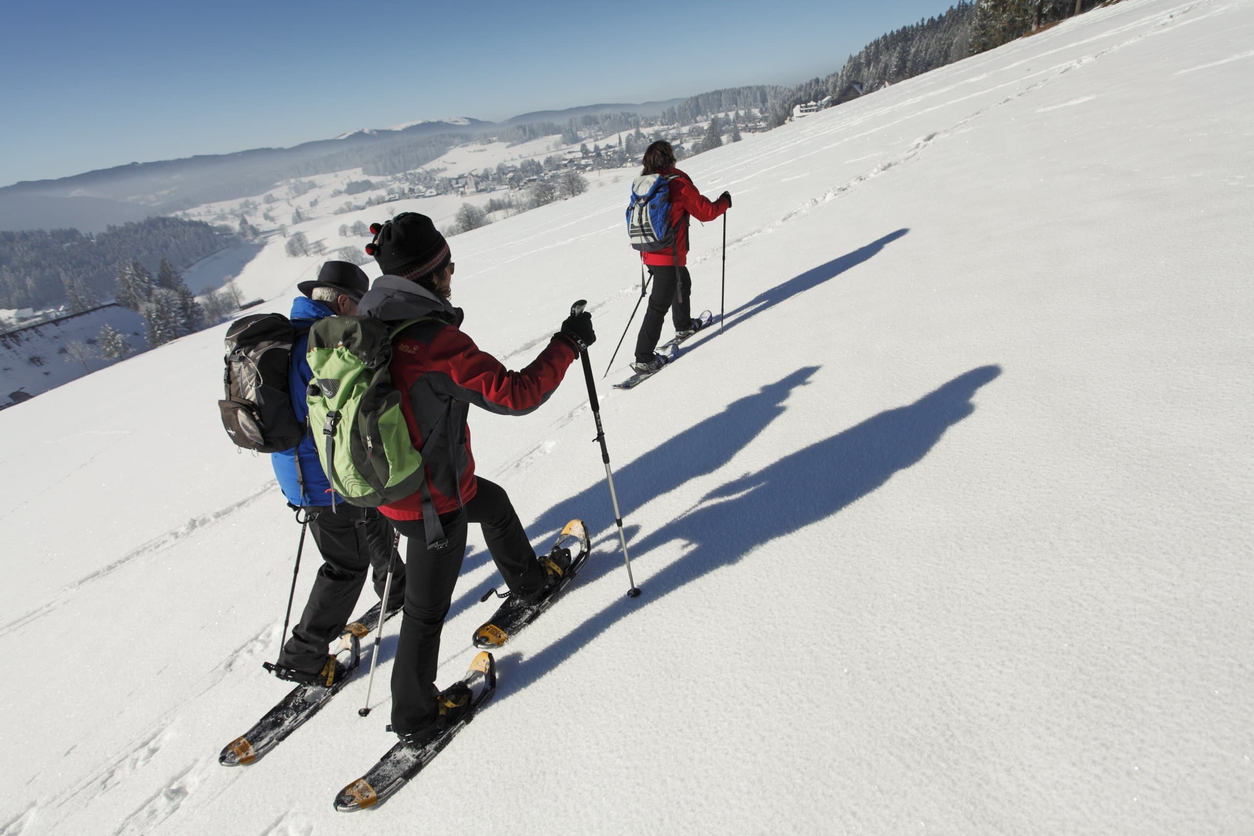 Drei Personen mit Rucksäcken wandern mit Schneeschuhen und Stöcken bei Sonnenschein über eine verschneite Hügellandschaft.