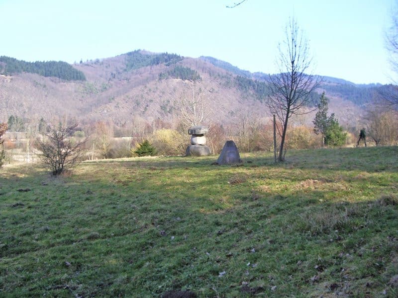 grüne Wiese mit Wald im Hintergrund, auf der Wiese stehen große, aufeinandergestapelte Steine
