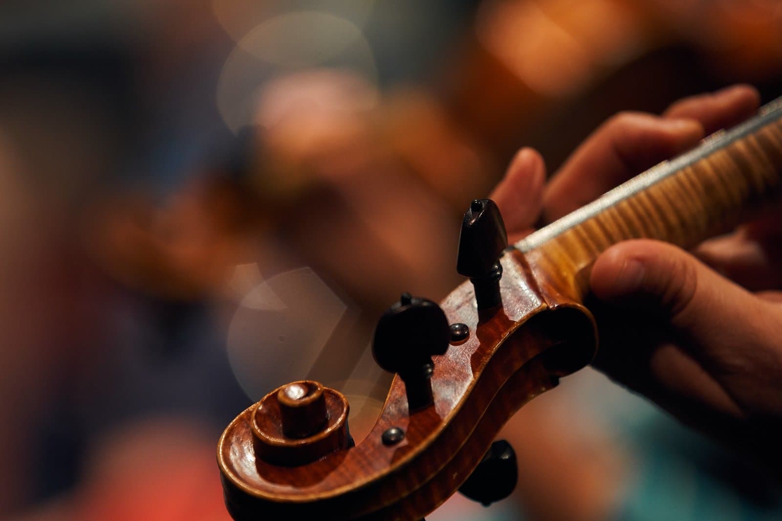 Detailfoto eines Violinenhalses, der gerade gespielt wird
