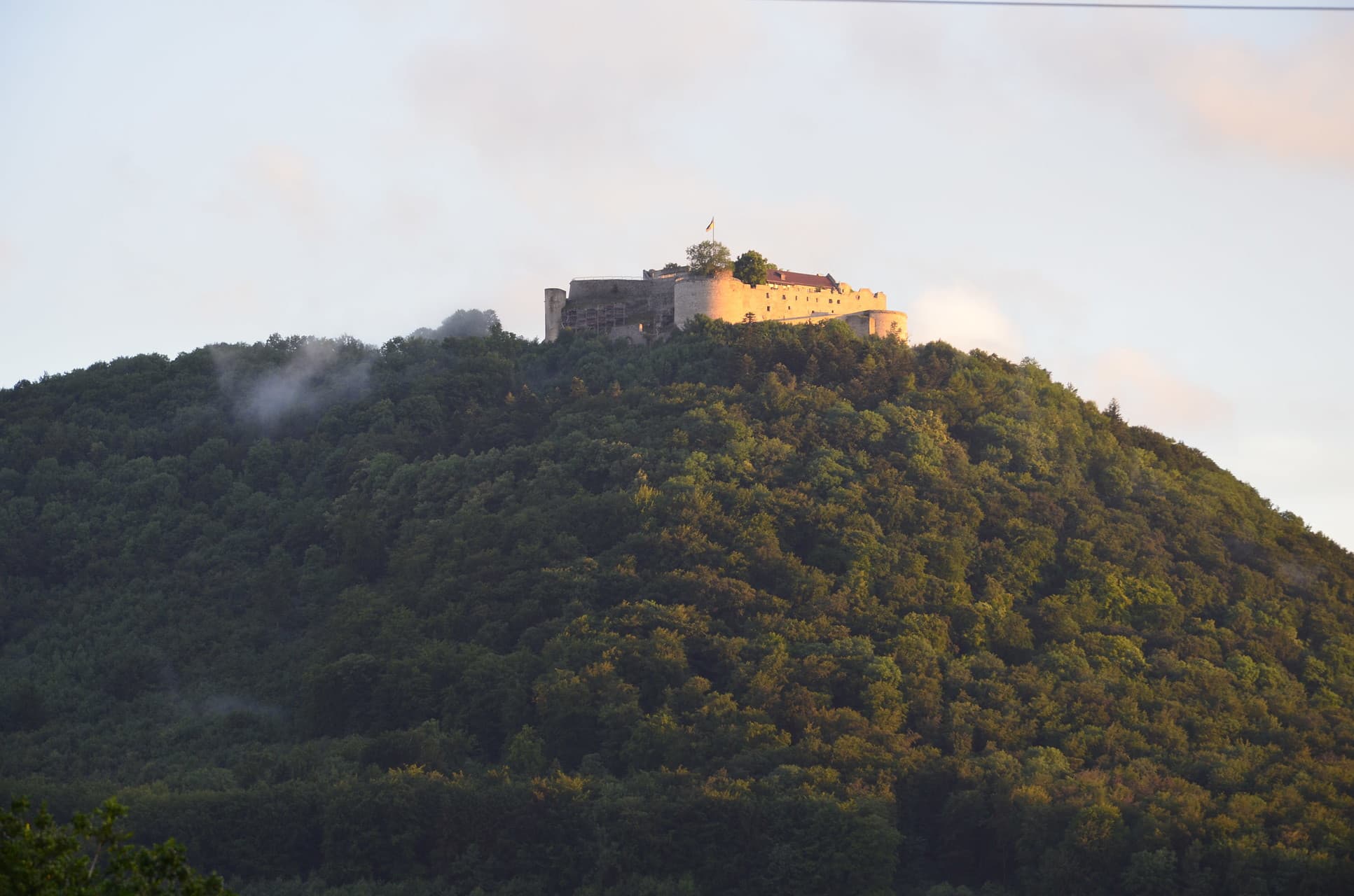 Blick auf die Festungsruine Hohenneuffen, umgeben von Wald