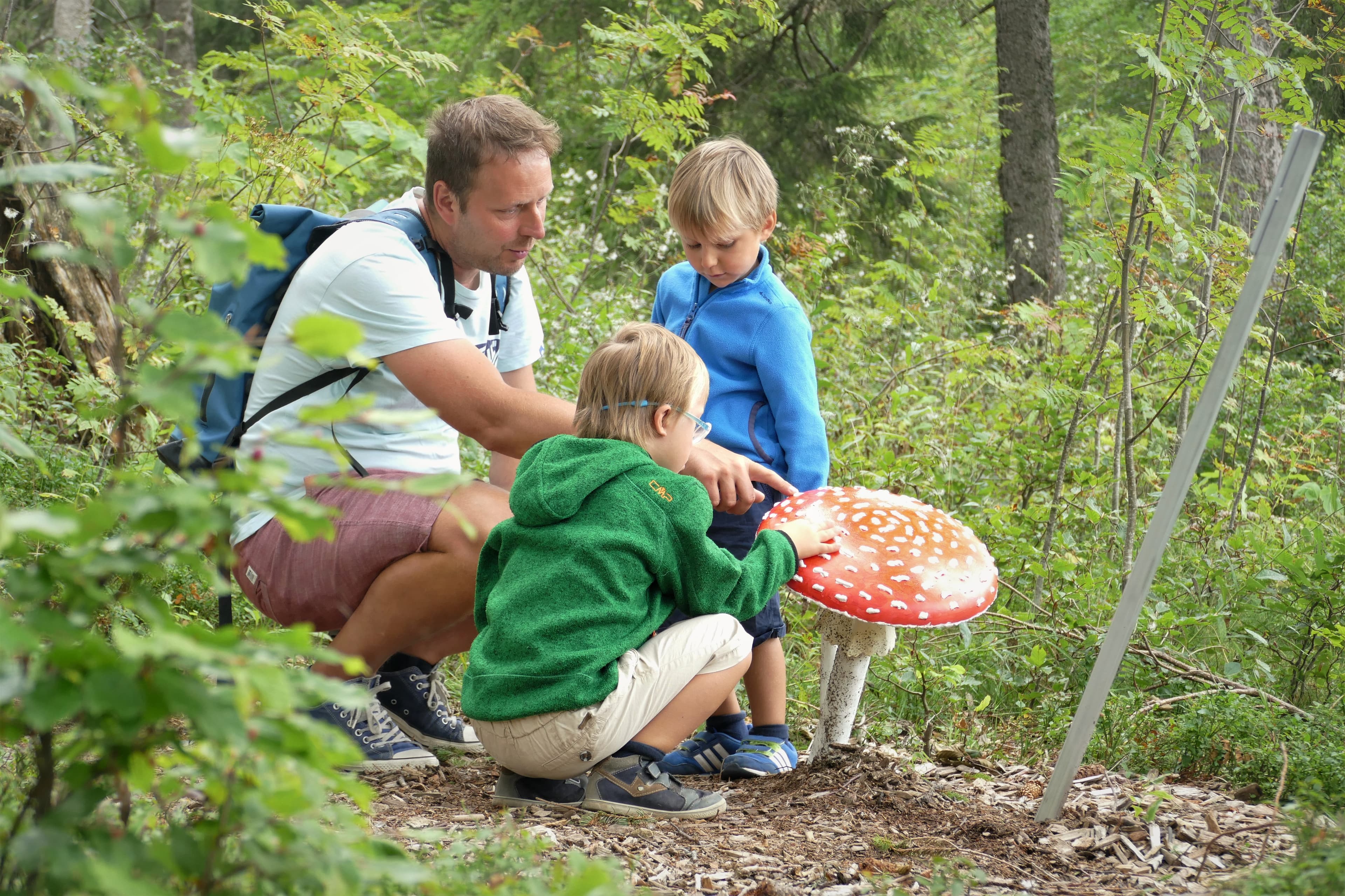 Familie entdeckt künstlichen Fliegenpilz am Horneradsch-Sinnespfad