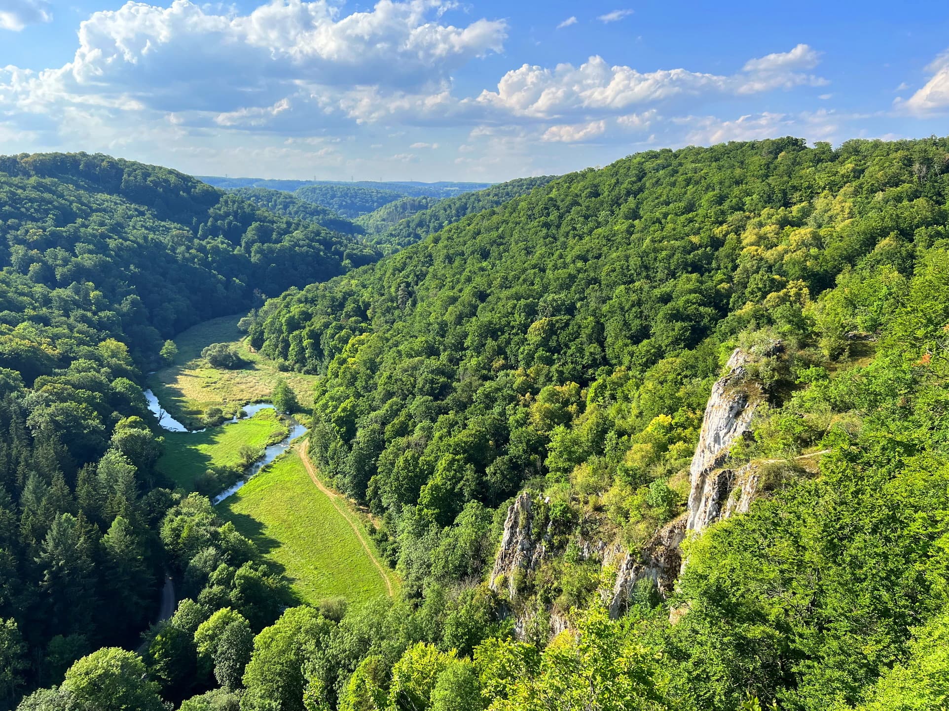 Das Große Lautertal mit Blick auf Gemsfels, Wiesen, Wälder und den Fluss Große Lauter.