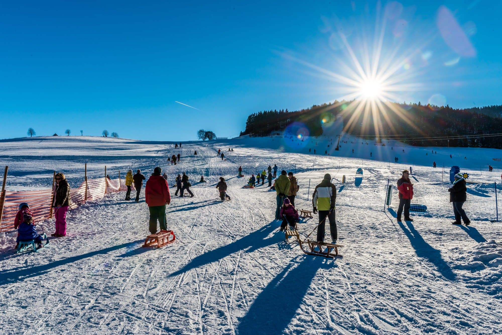 Mehrere Rodler am flachen Hang in der Nähe des Skilift Spitzenberg bei blauem Himmel
