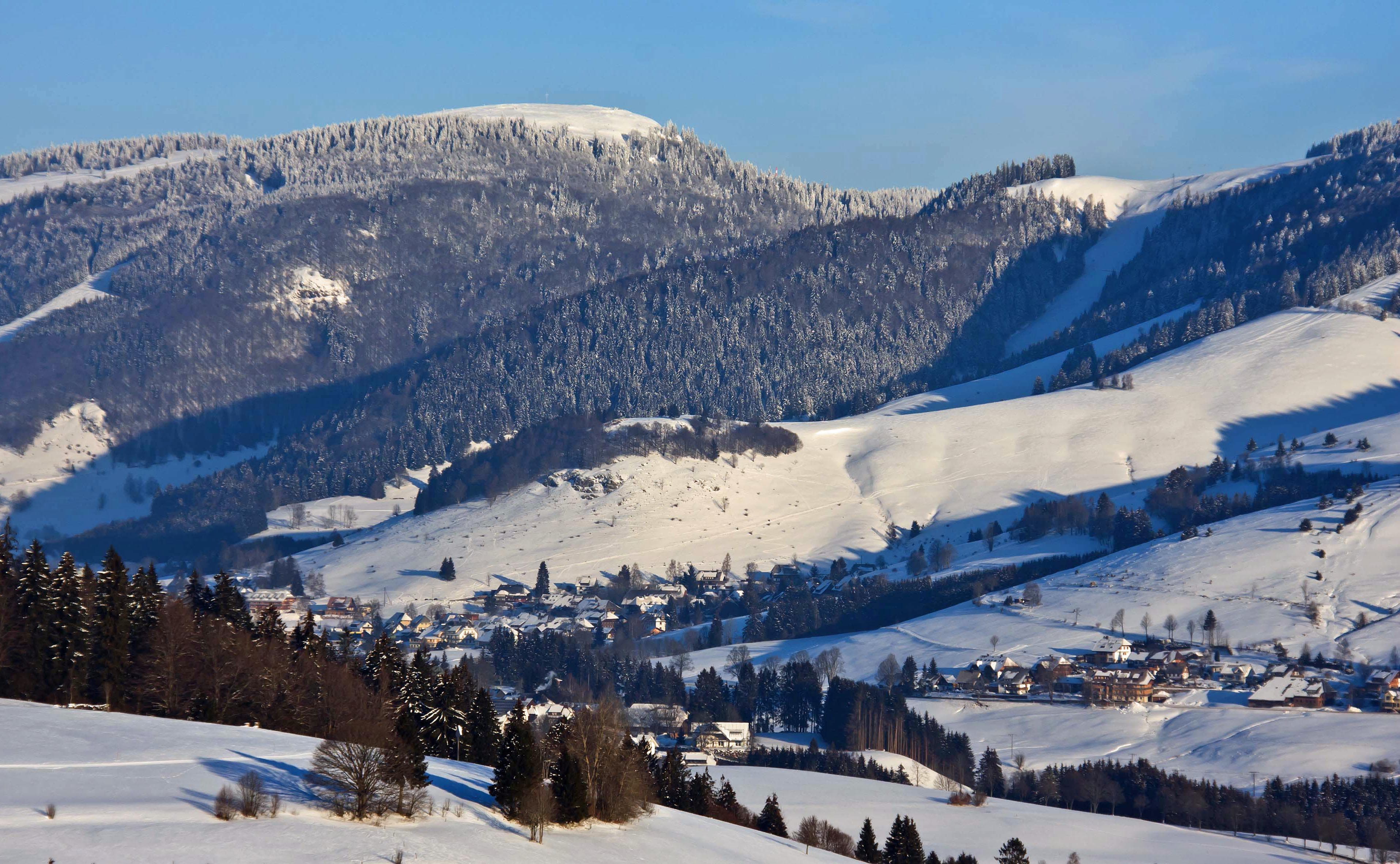 Verscheite Berge mit Tannen und einem Bernauer Ortsteil