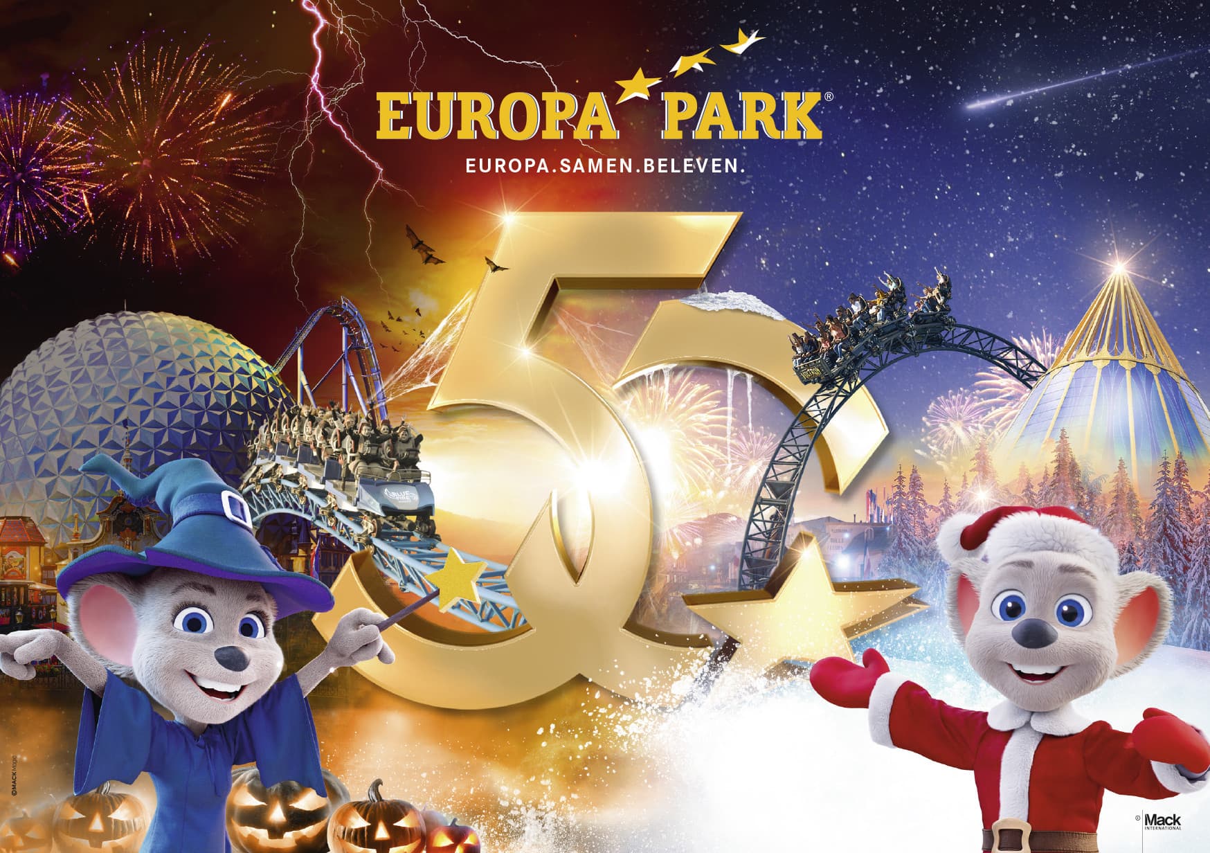 Edda als Hexe und Ed Euromaus als Weihnachtsmann, dazwischen die Zahl 50 in goldener Schrift, links und rechts verschiedene Attraktionen des Europa-Park, ganz oben Feuerwerk und eine Sternschnuppe am Sternenhimmel