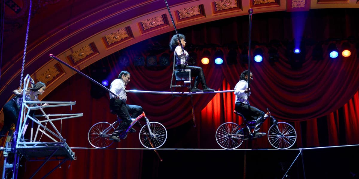 Artists ride bicycles across a high wire in the circus.