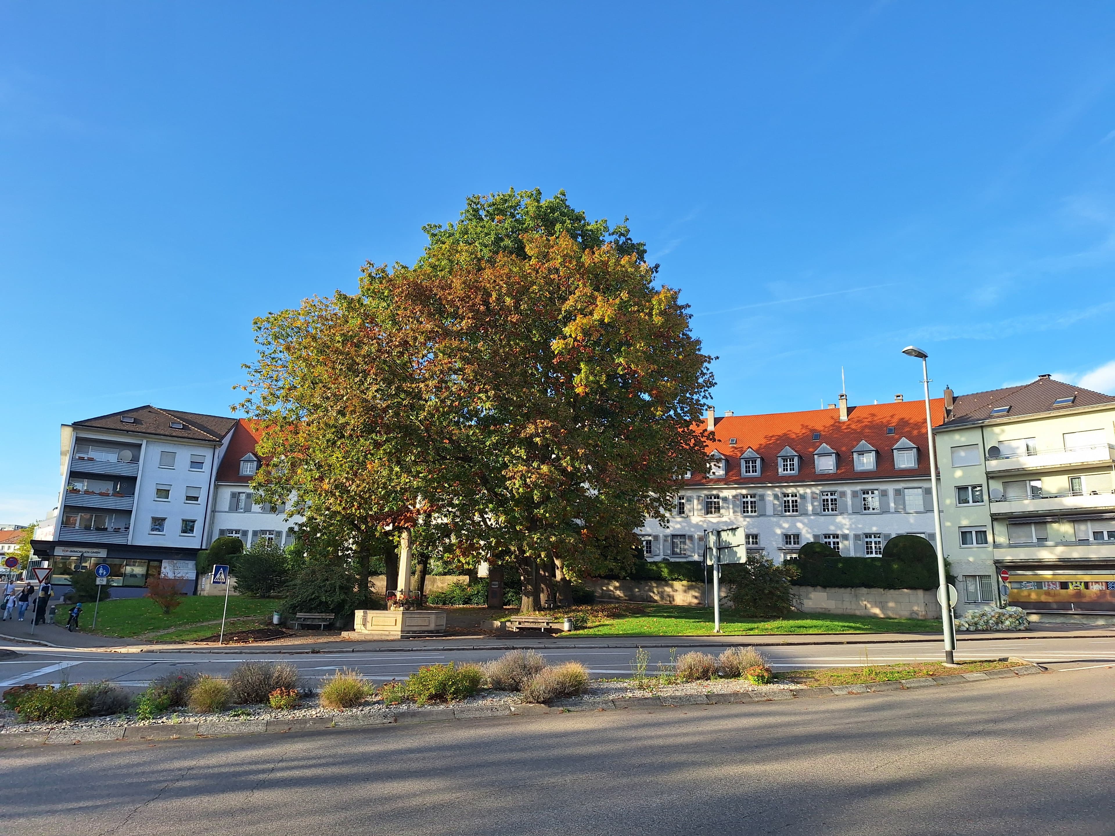 Rudolf-Vogel Anlage. Kreuzung mit Blick auf den Brunnen