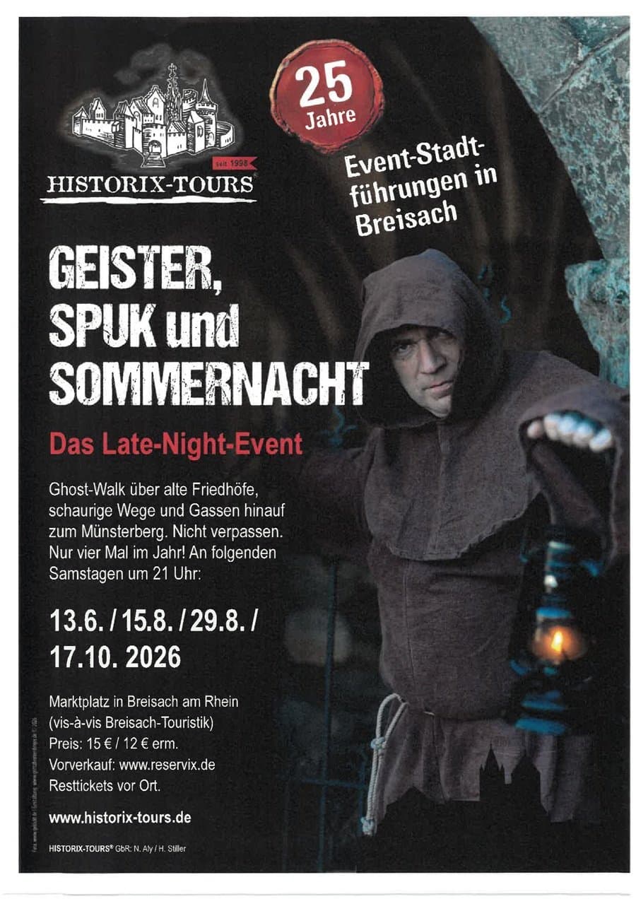 Das Plakat kündigt die Tour "Geister, Spuk und Sommernacht" am 13.06., 15.08., 29.08. und 17.10. ab 21:00 Uhr bei der Breisach-Touristik an.