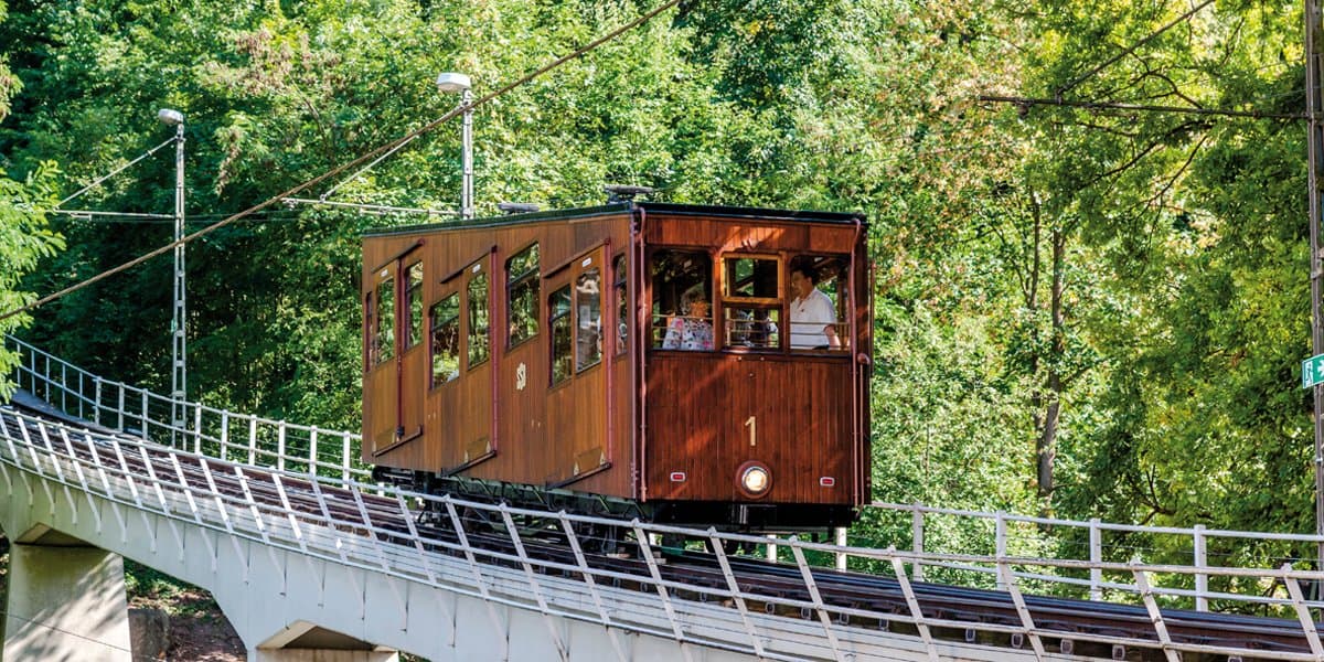 Eine historische Standseilbahn fährt durch einen grünen Wald.