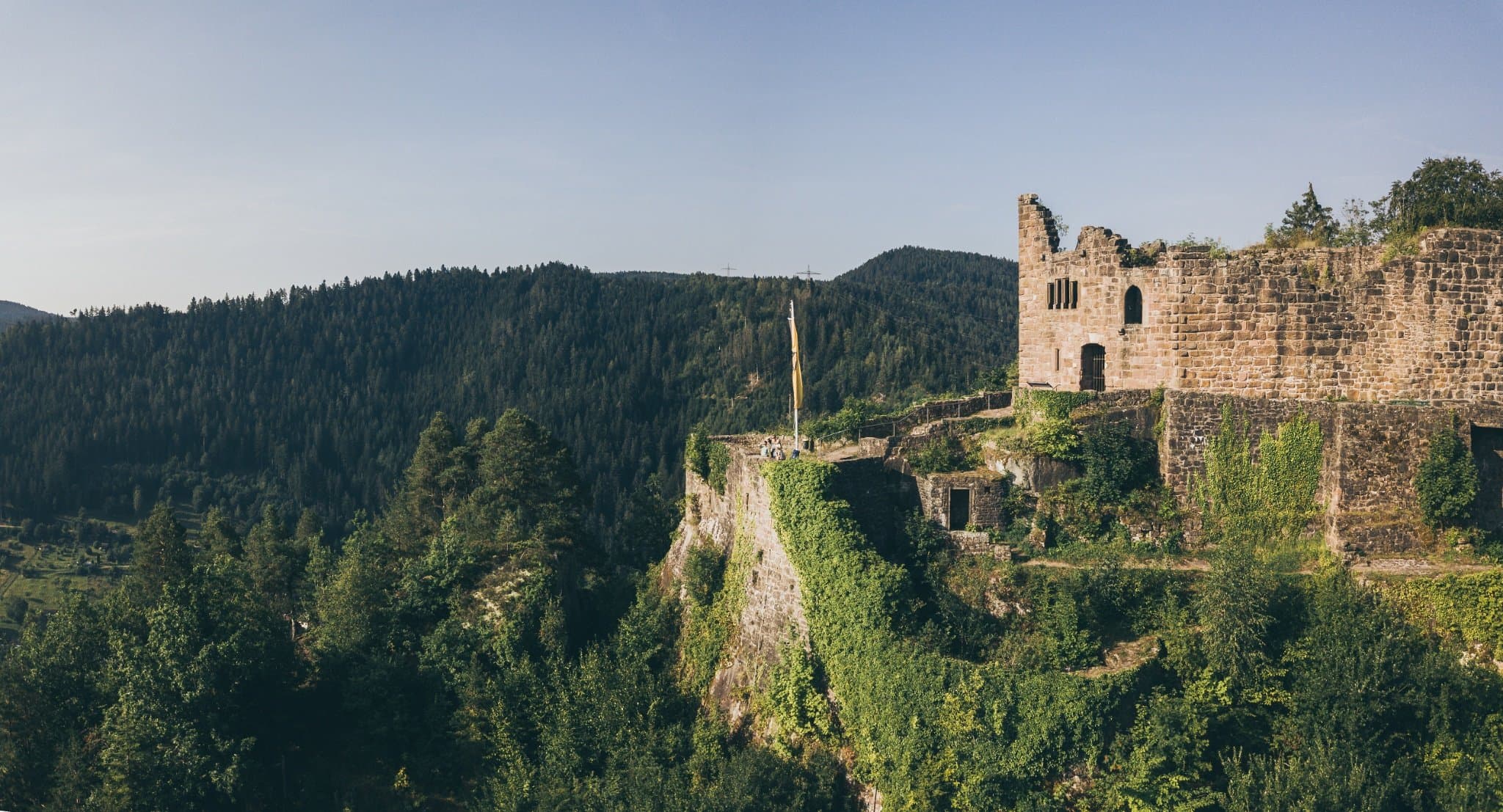 Auf dem Bild  ist eine mittelalterliche Ruine auf einem bewaldeten Hügel zu sehen.